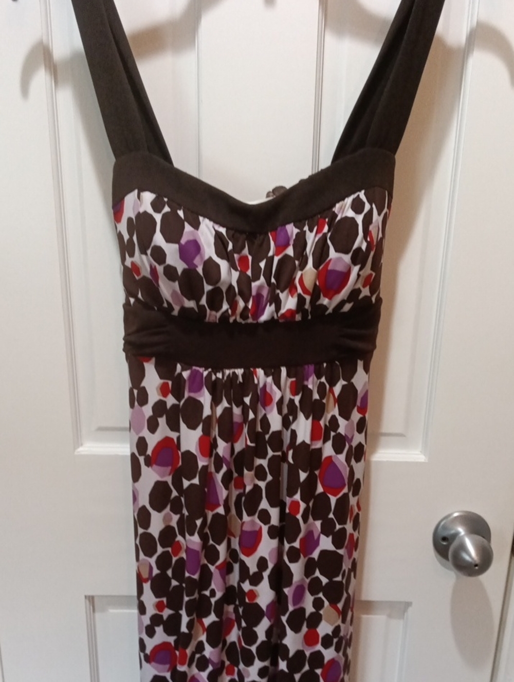 Brown Shape-Print Maxi Dress with Purple & Red Accents